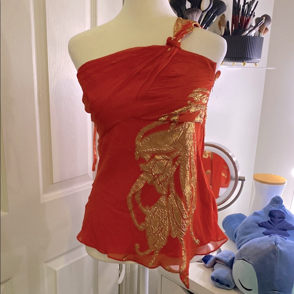 Elegant Red and Gold One-Shoulder Top